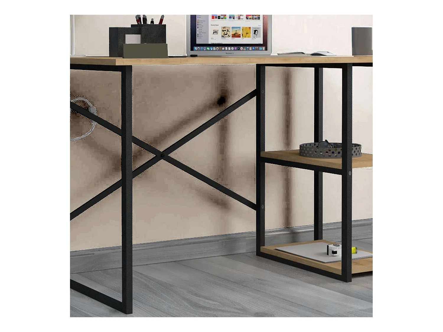 Bureau Rus 120 cm 2 étagères Chêne industriel/Noir