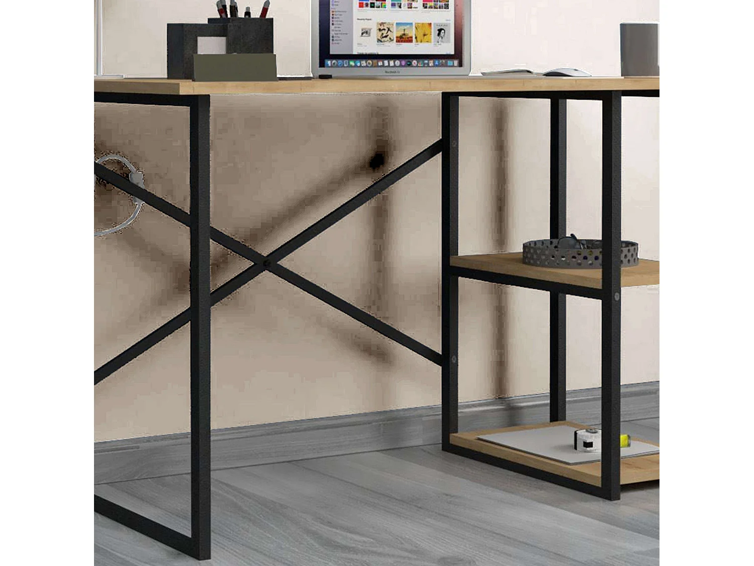 Bureau Rus 120 cm 2 étagères Chêne industriel/Noir
