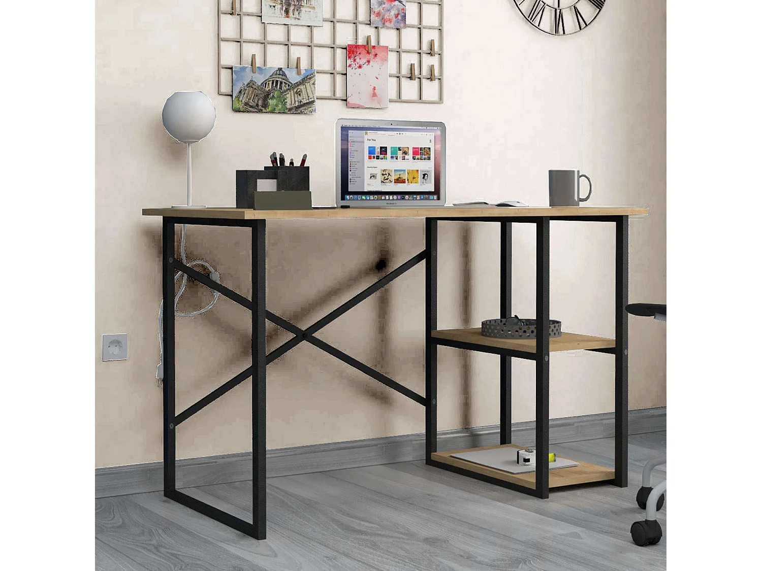Bureau Rus 120 cm 2 étagères Chêne industriel/Noir