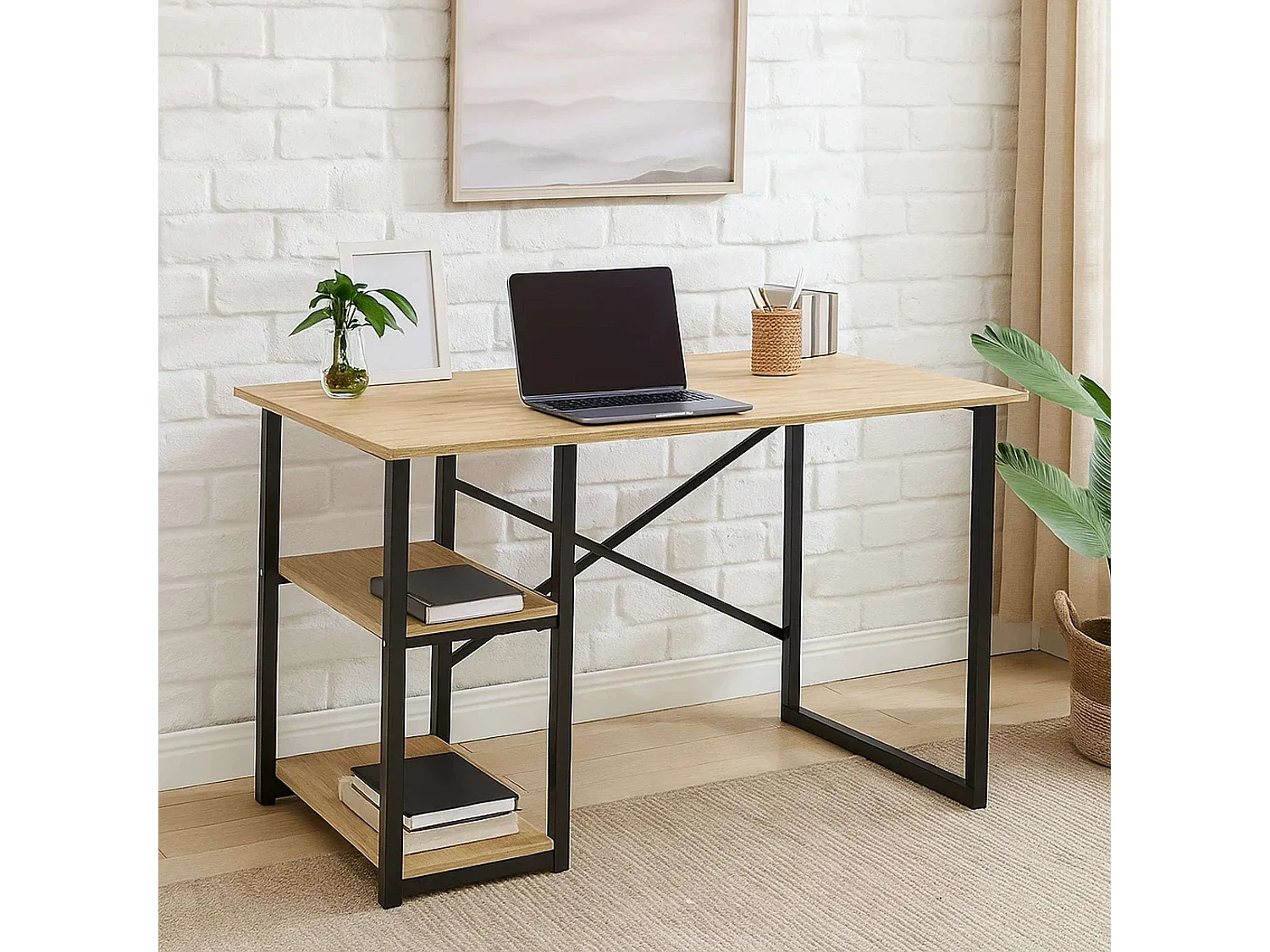 Bureau Rus 120 cm 2 étagères Chêne industriel/Noir