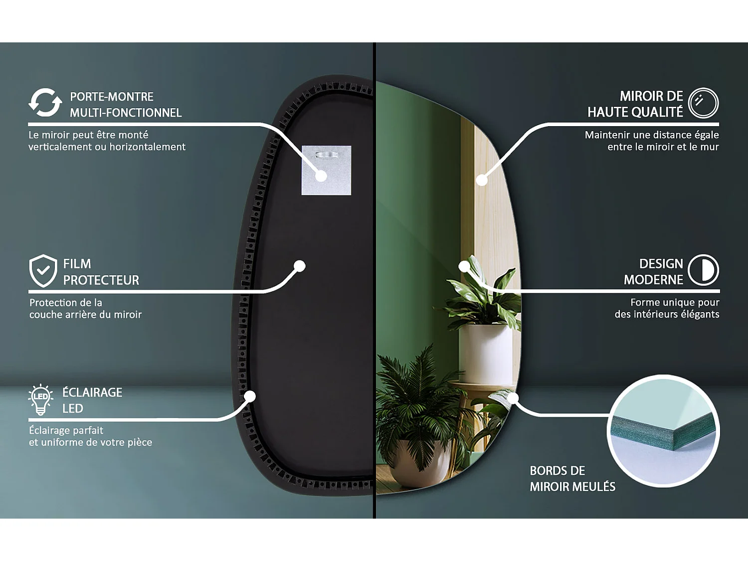 LED Spiegel organisch beleuchtet, Unregelmäßige Form mit neutralem Licht, 90x66 cm, Tulup