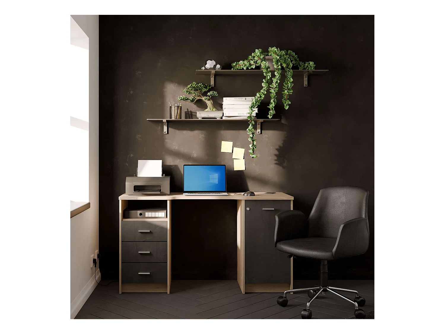 Escritorio Monaco 3 Cajones 1 Puerta Estante Roble 135 cm Melamina