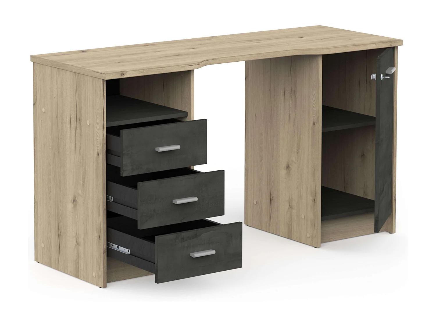 Bureau Monaco 3 tiroirs 1 porte étagère Chêne 135 cm Mélamine
