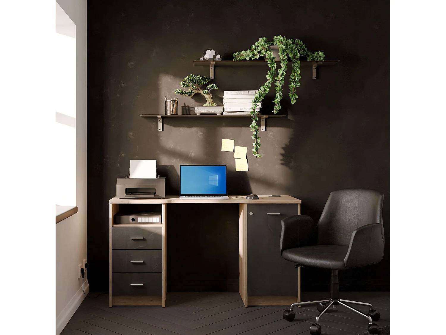 Bureau Monaco 3 tiroirs 1 porte étagère Chêne 135 cm Mélamine