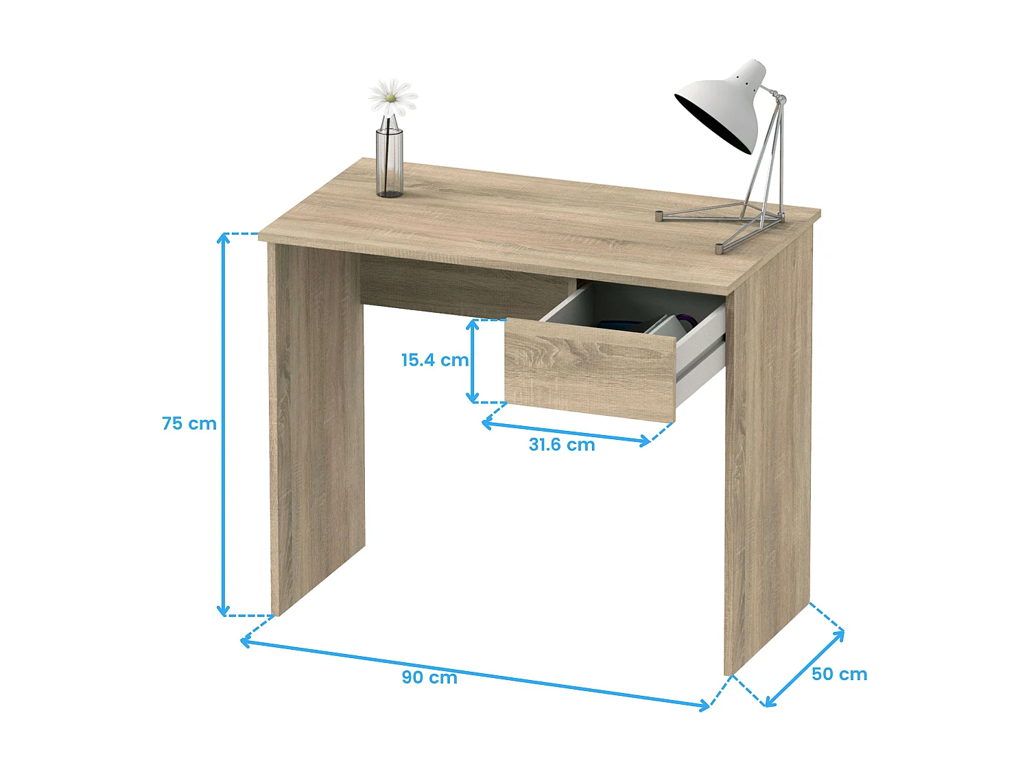Bureau Turin Youth avec tiroir, mélaminé chêne Cambrian 90 x 75 x 50 cm