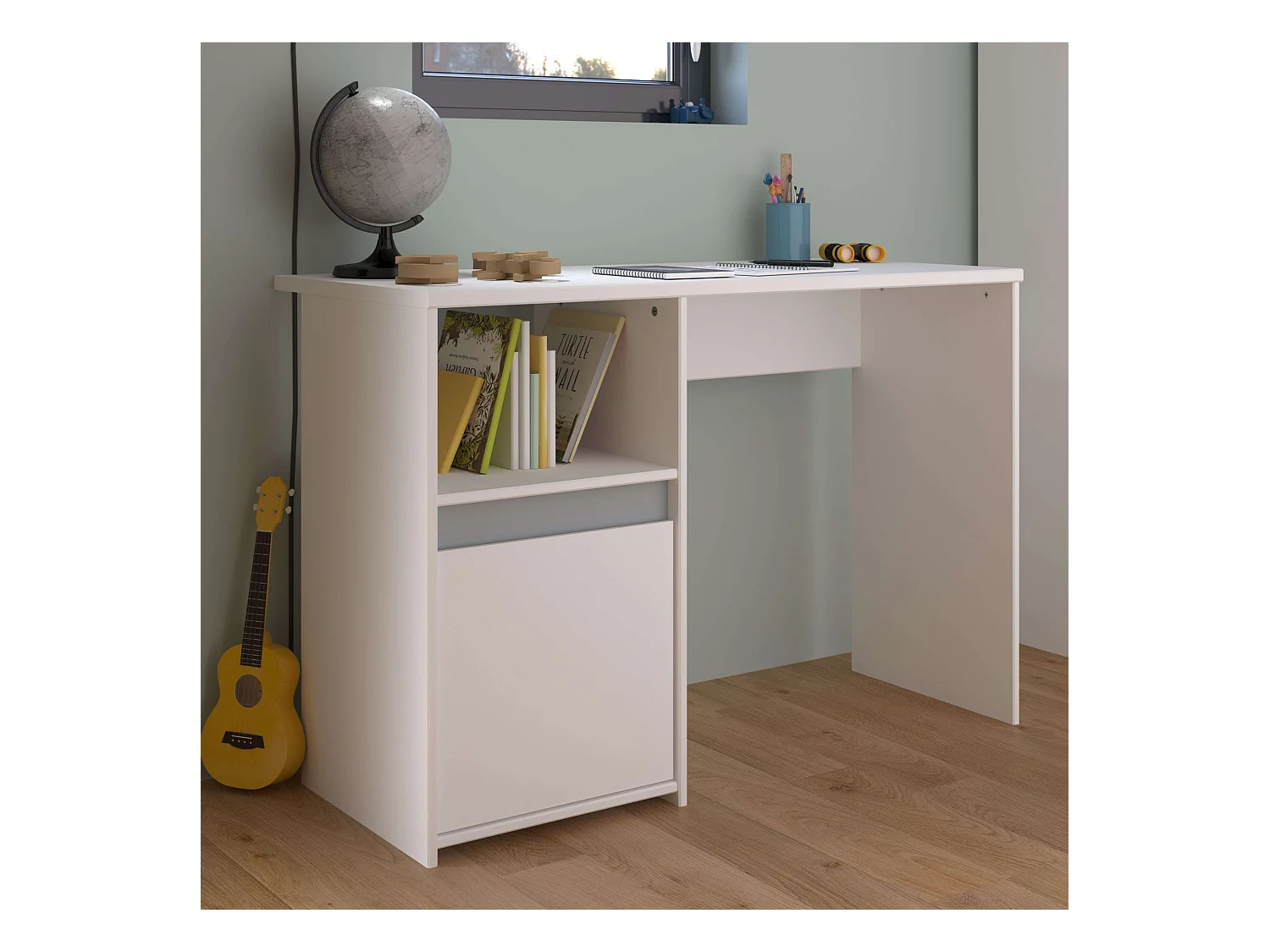 Bureau Germain Youth avec 1 porte et étagère, blanc/gris, 110 cm