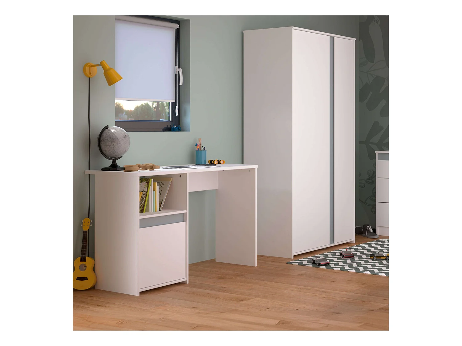 Bureau Germain Youth avec 1 porte et étagère, blanc/gris, 110 cm