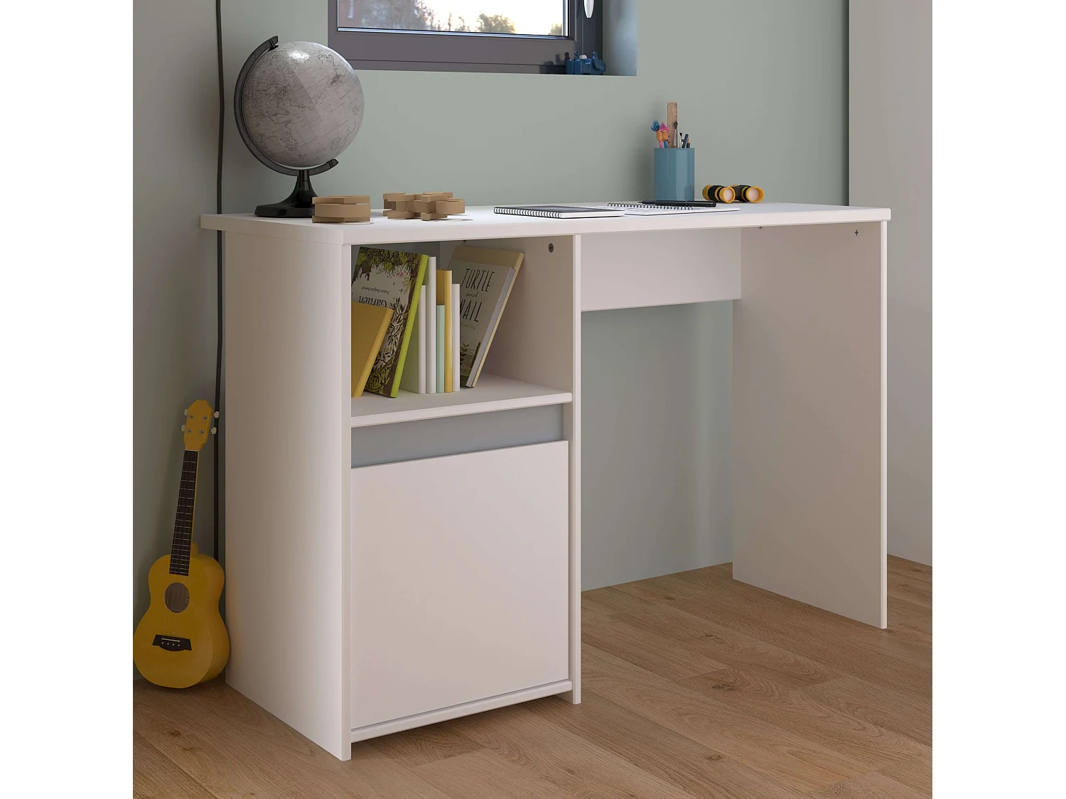 Mesa Germain Youth com 1 porta e prateleira, branco/cinza, 110 cm
