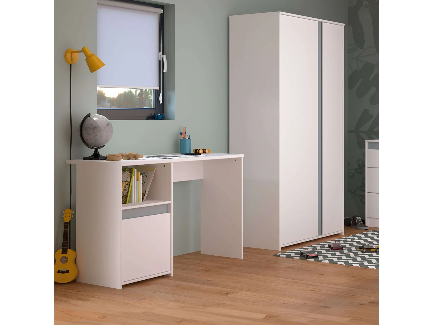 Mesa Germain Youth com 1 porta e prateleira, branco/cinza, 110 cm