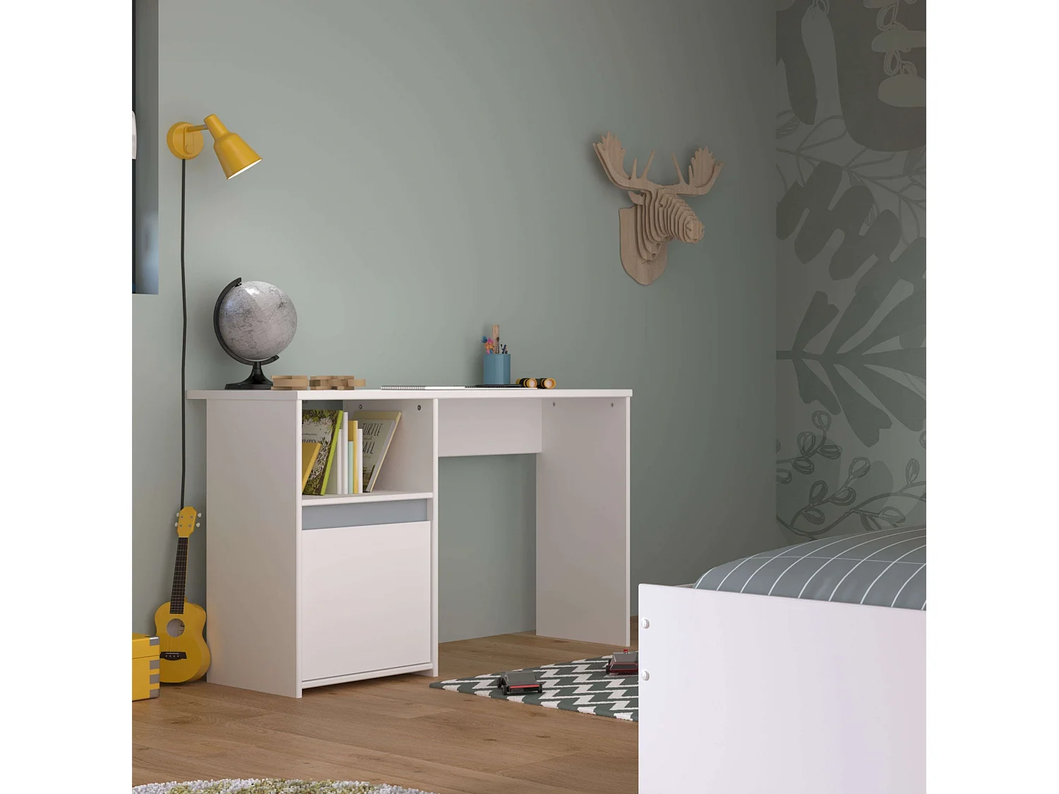 Mesa Germain Youth com 1 porta e prateleira, branco/cinza, 110 cm