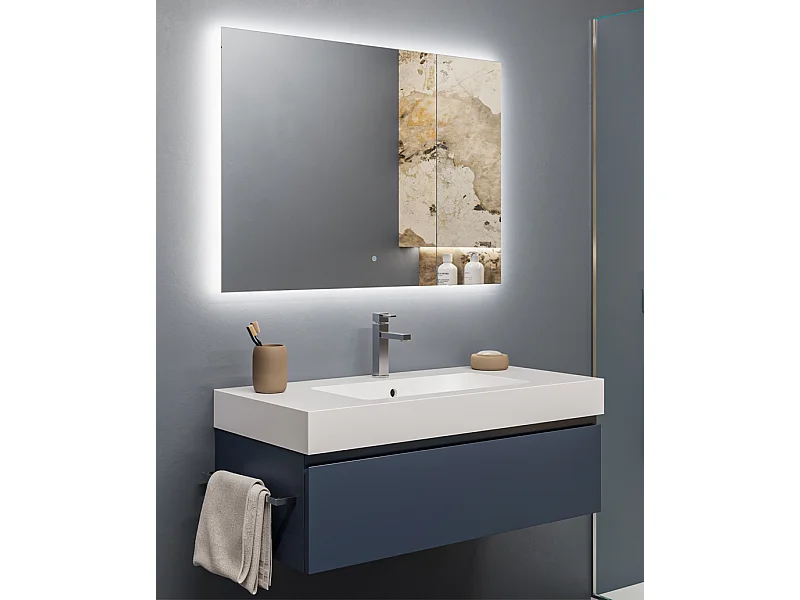 Mobile bagno sottolavabo con lavabo ad incasso L 100 x H 28 x P 46 specchio illuminato e porta asciugamano blu oceano