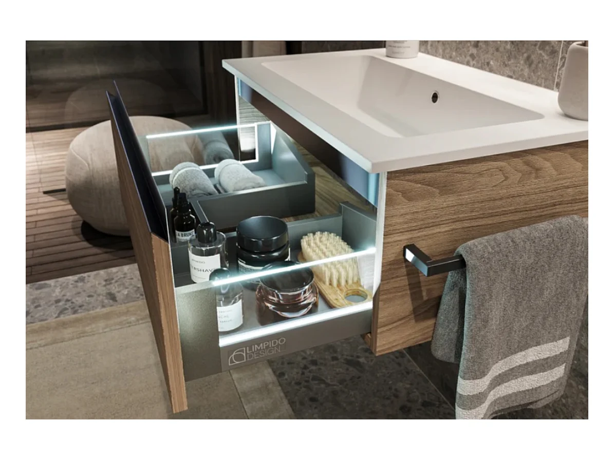 Mobile bagno sottolavabo con lavabo ad incasso L 100 x H 28 x P 46 specchio illuminato e porta asciugamano blu oceano