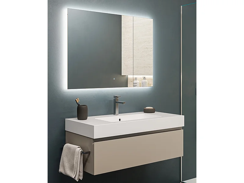 Mobile bagno sottolavabo con lavabo ad incasso L 100 x H 28 x P 46 specchio illuminato e porta asciugamano tortora milano