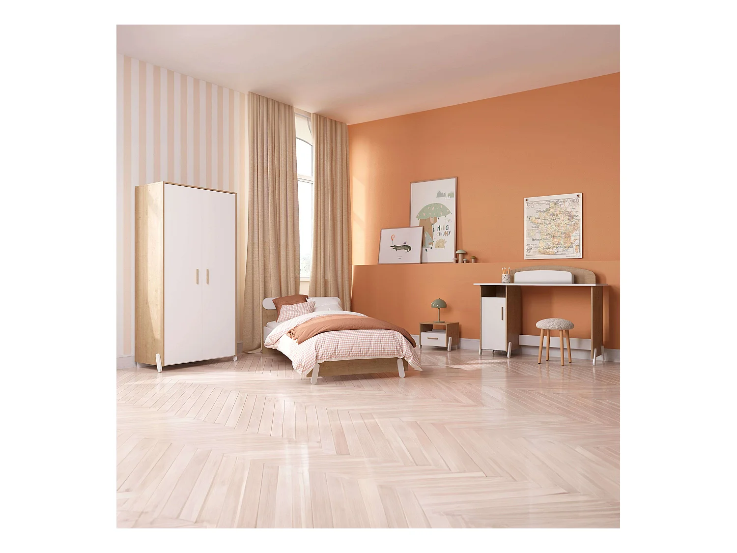 Mesa Escritorio Naili c/Armario Infantil Juvenil Roble y Blanco 135 cm