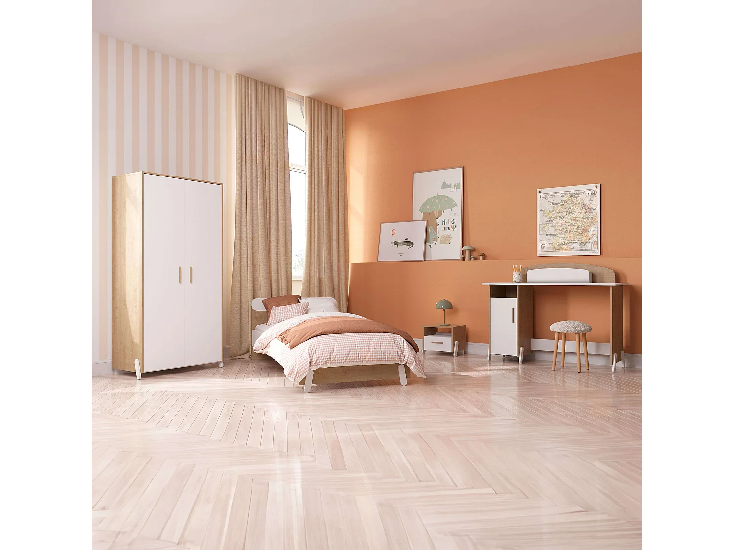 Mesa Naili Desk com guarda-roupa infantil e juvenil, carvalho e branco, 135 cm