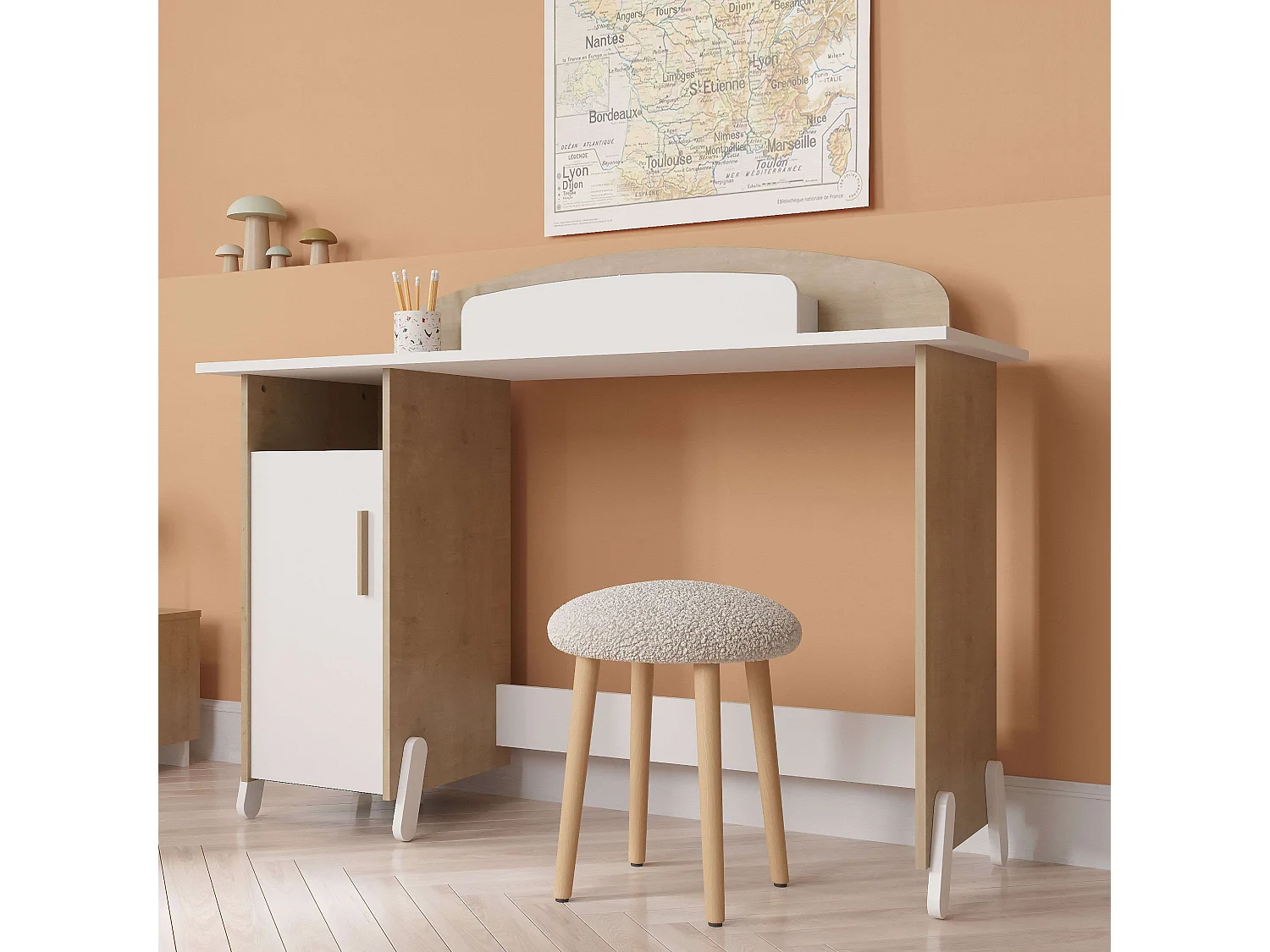 Mesa Naili Desk com guarda-roupa infantil e juvenil, carvalho e branco, 135 cm