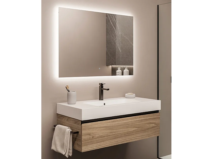 Mobile bagno sottolavabo con lavabo ad incasso L 100 x H 28 x P 46 specchio illuminato e porta asciugamano poro noce