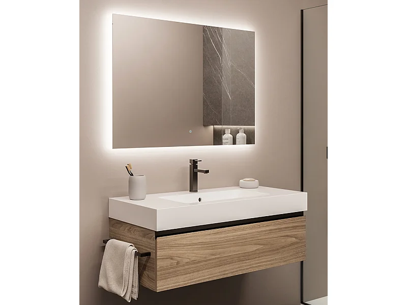 Mobile bagno sottolavabo con lavabo ad incasso L 100 x H 28 x P 46 specchio illuminato e porta asciugamano poro noce