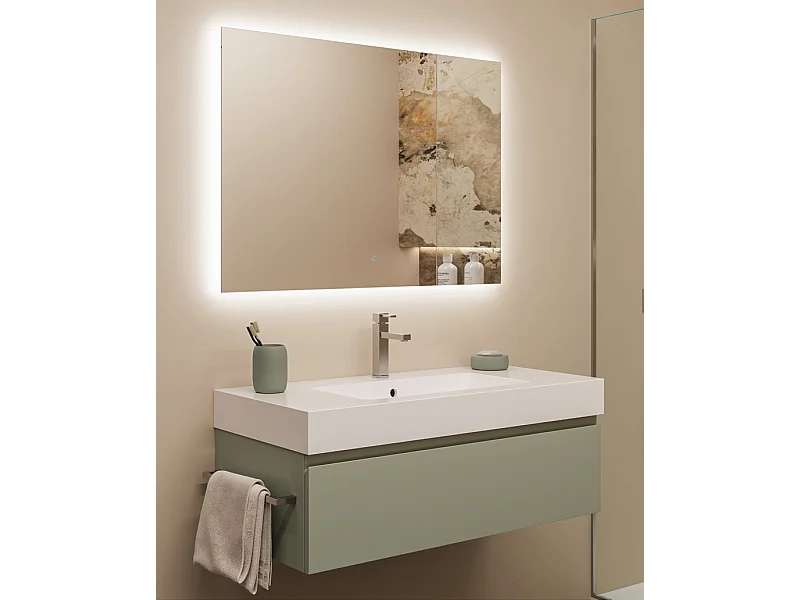 Mobile bagno sottolavabo con lavabo ad incasso L 100 x H 28 x P 46 specchio illuminato e porta asciugamano verde salvia