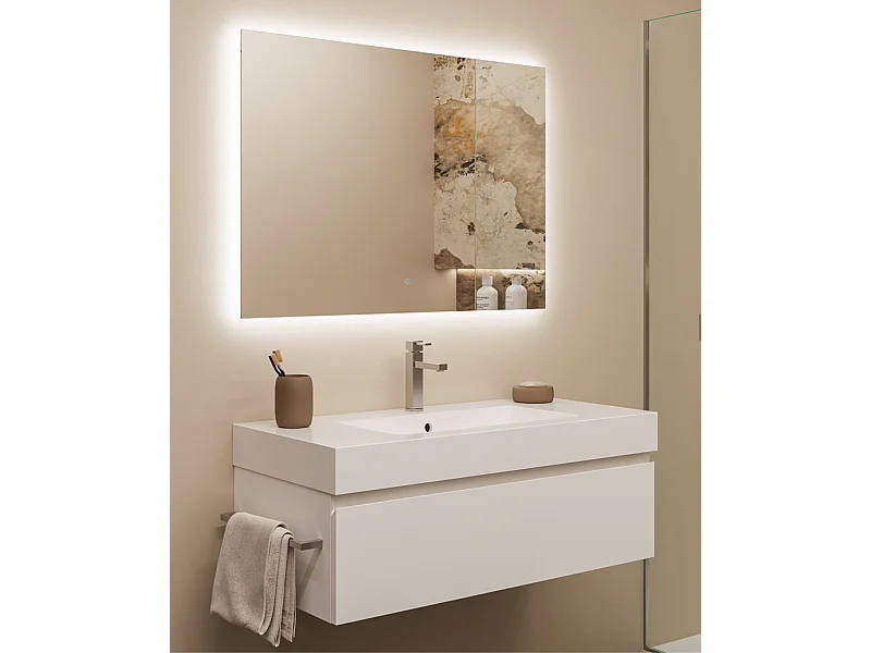 Mobile bagno sottolavabo con lavabo ad incasso L 100 x H 28 x P 46 specchio illuminato e porta asciugamano bianco luce