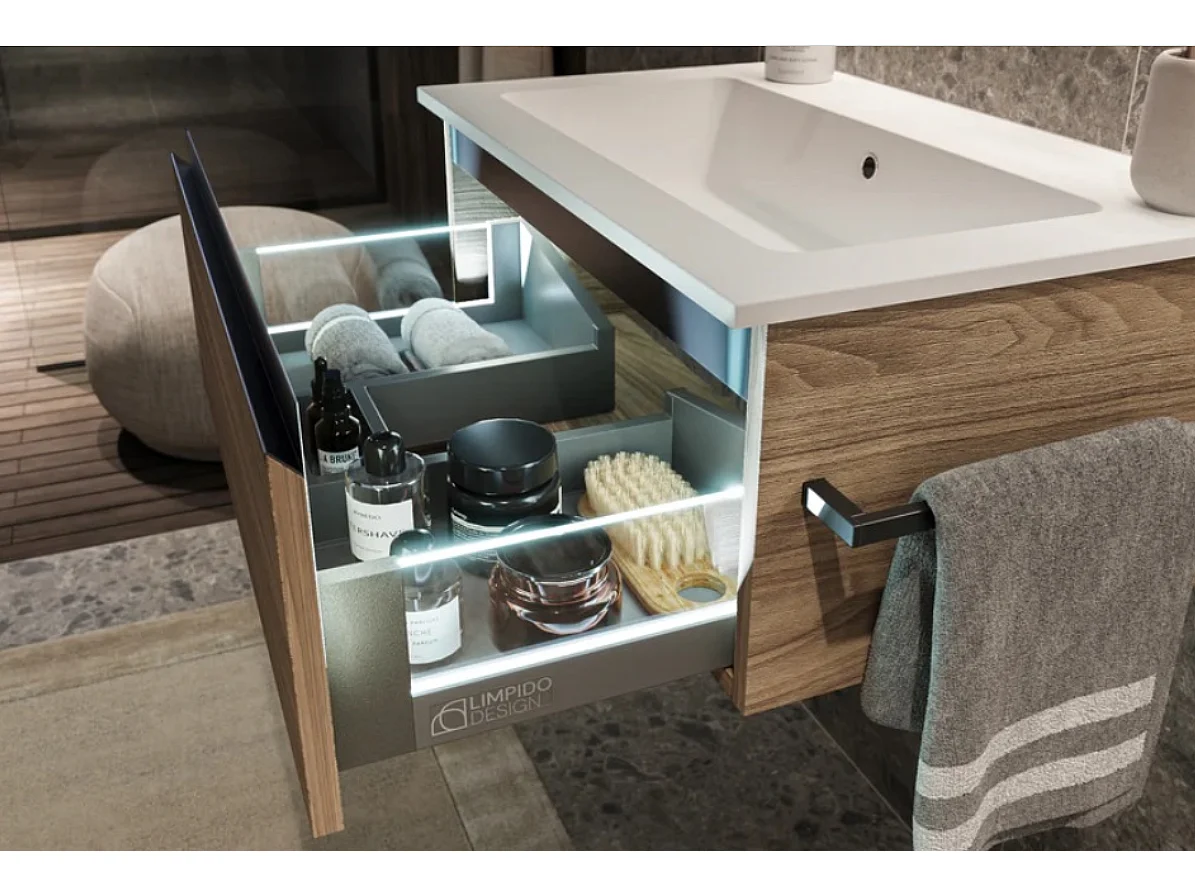 Mobile bagno sottolavabo con lavabo ad incasso L 100 x H 28 x P 46 specchio illuminato e porta asciugamano bianco luce