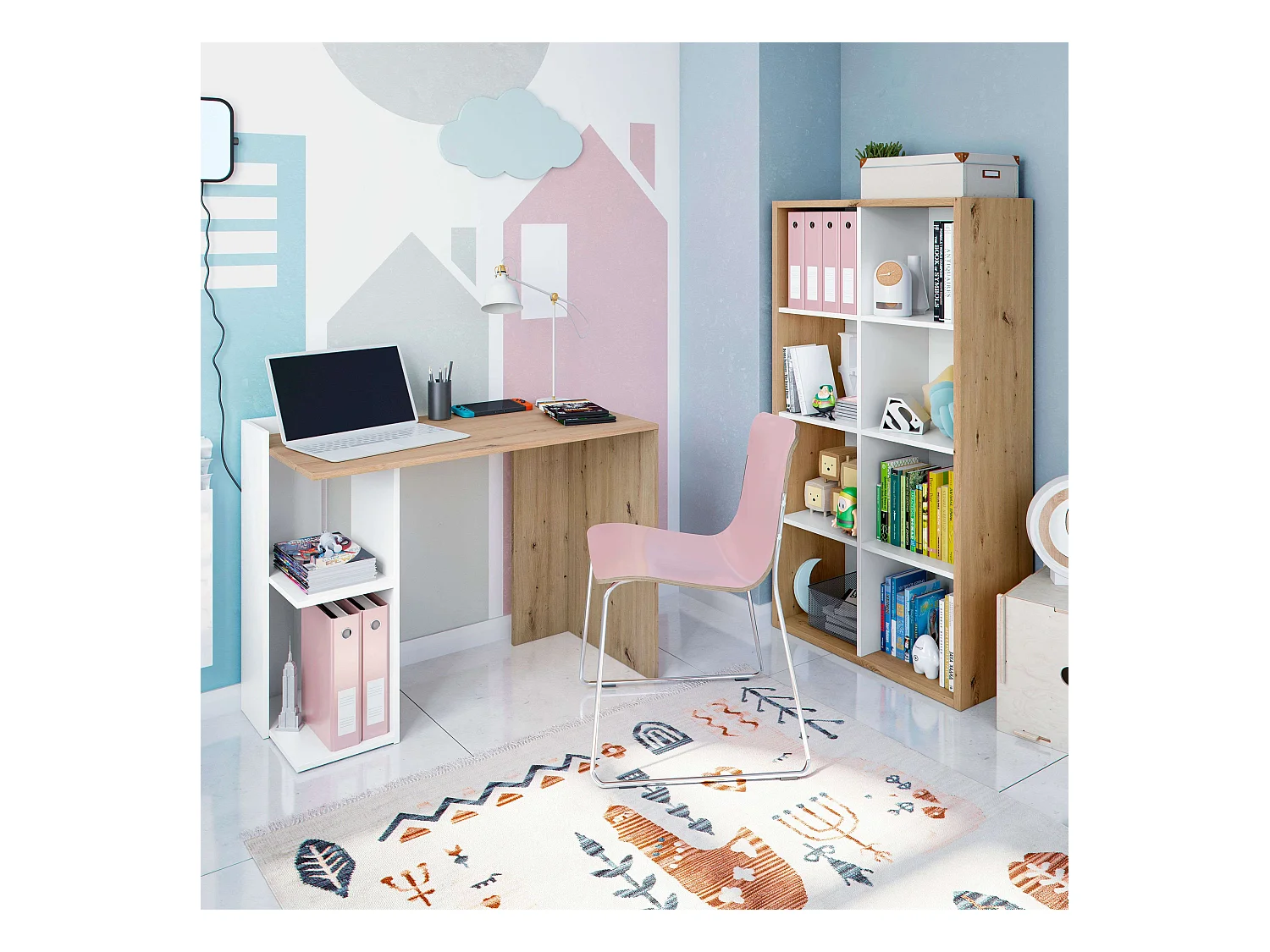 Pack Oficina Escritorio Estantería blanco/roble Diseño moderno