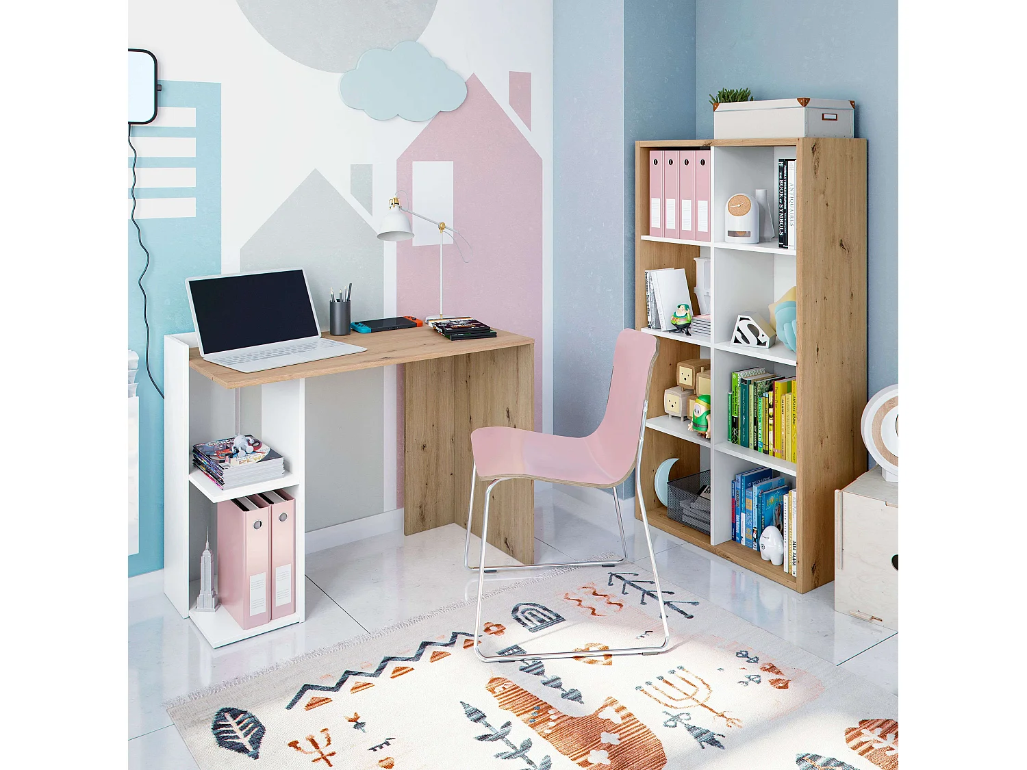 Pacote de estante para escritório em branco/carvalho com design moderno