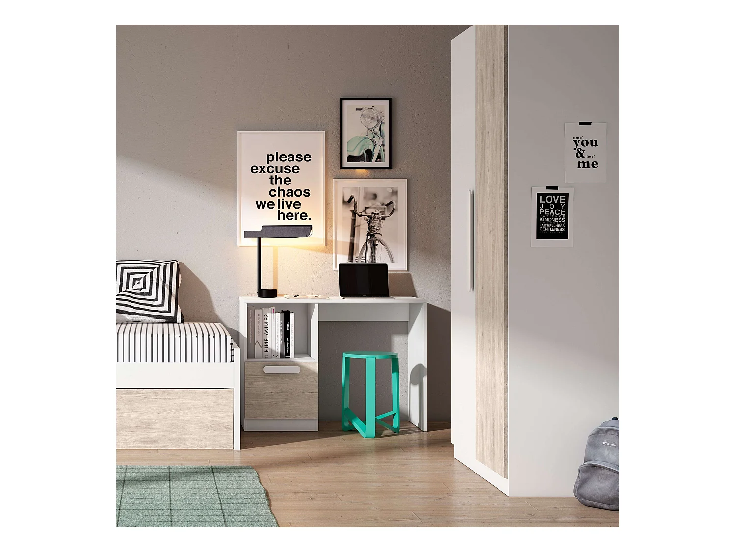 Bureau pour jeunes Estelle de style nordique en chêne blanc mat 100 cm