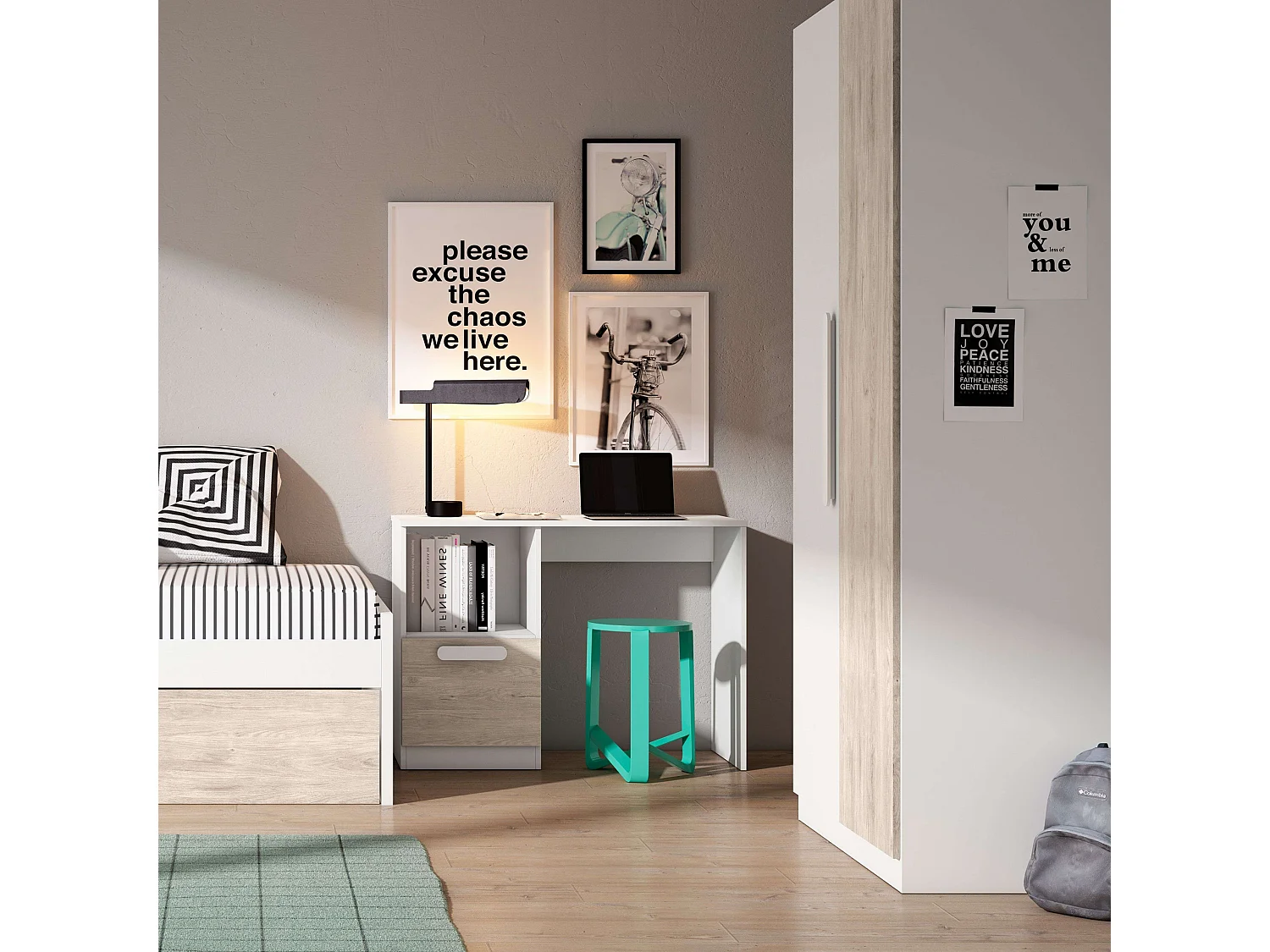 Bureau pour jeunes Estelle de style nordique en chêne blanc mat 100 cm