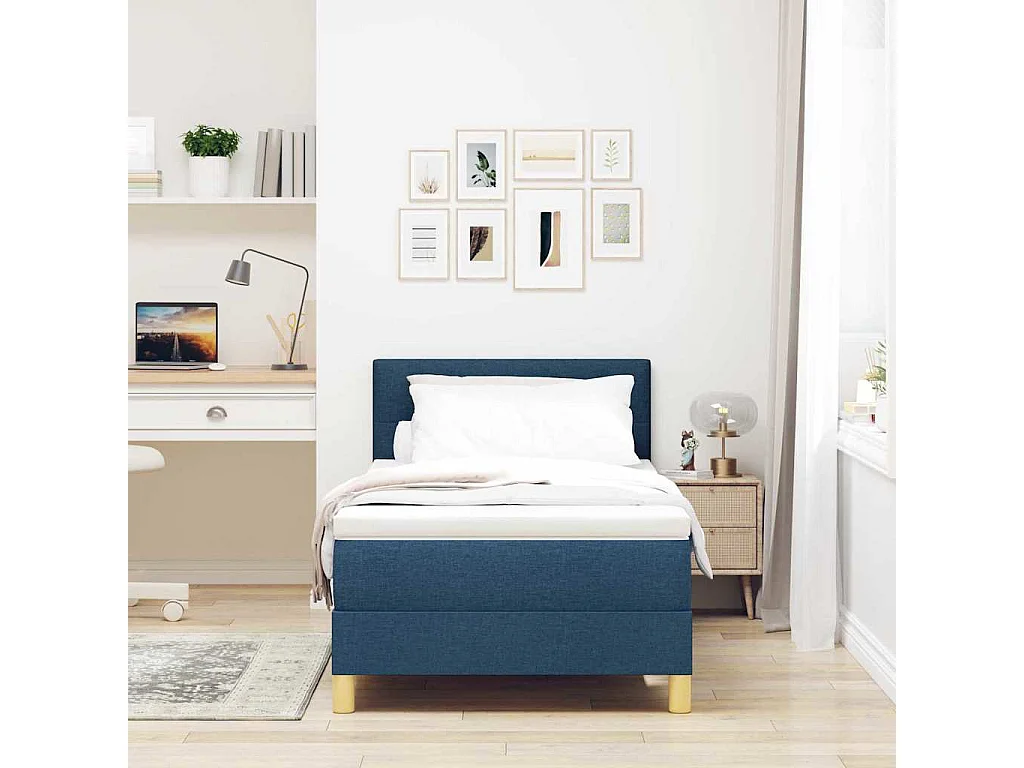 Cama de solteiro-Cama de adulto-Cama Box com colchão com cabeceira Azul 80 x 200cm tecido SHL310807