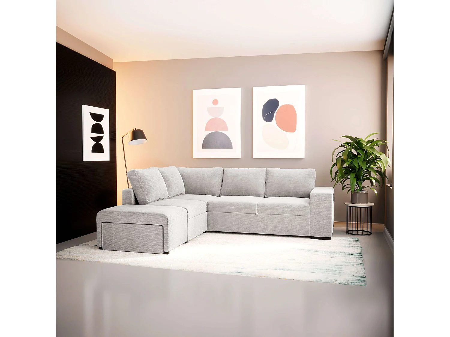 Sofá Cama Romeo Chaiselongue con Arcón, Puf y Estante Beige 249 cm