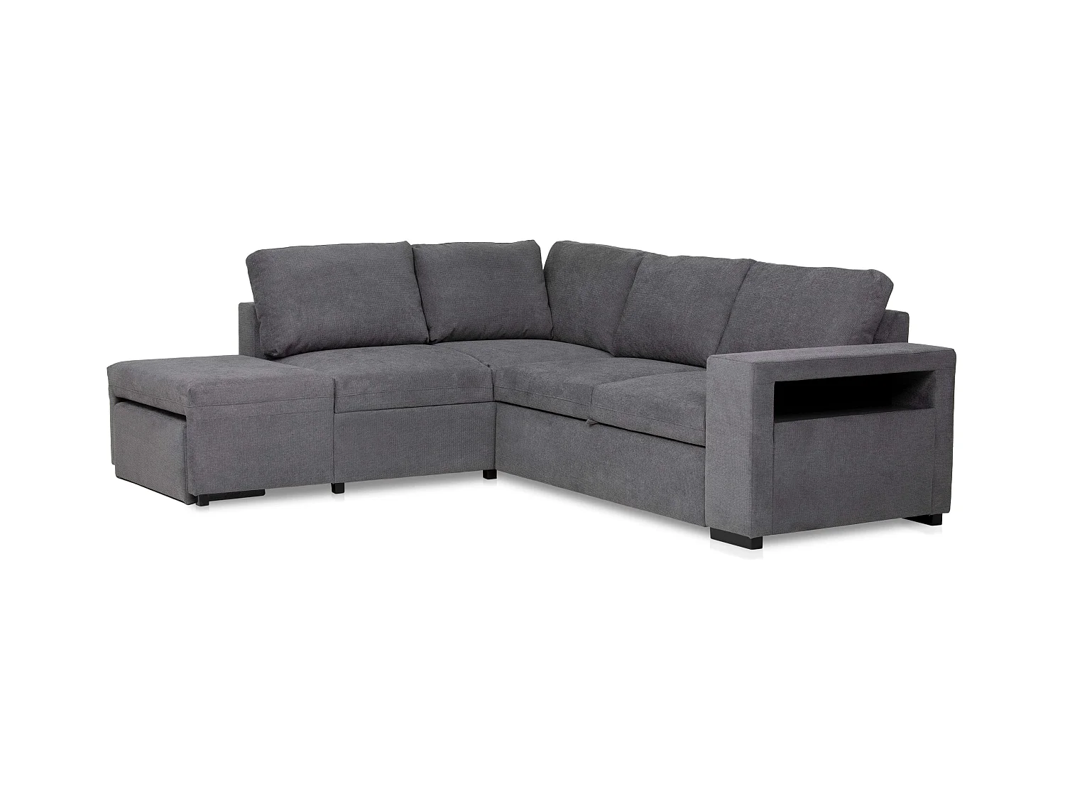 Sofá Cama Romeo Chaiselongue con Arcón, Puf y Estante Gris 249 cm
