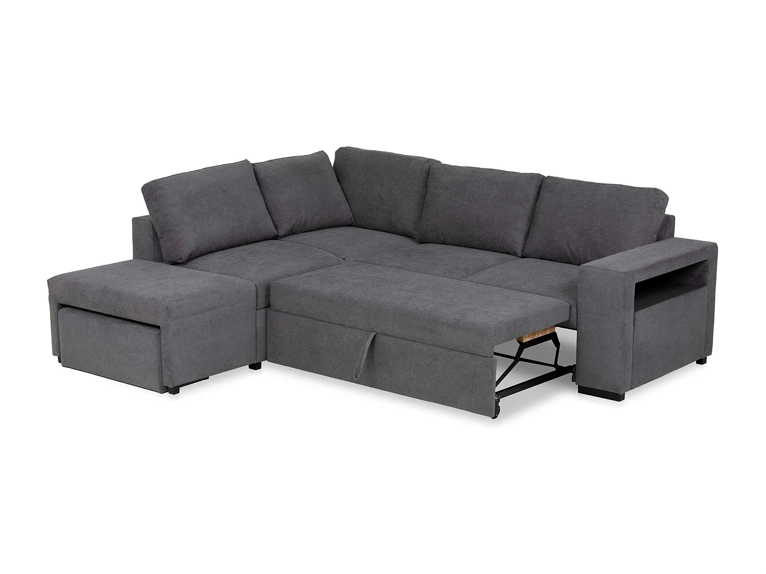 Sofá Cama Romeo Chaiselongue con Arcón, Puf y Estante Gris 249 cm