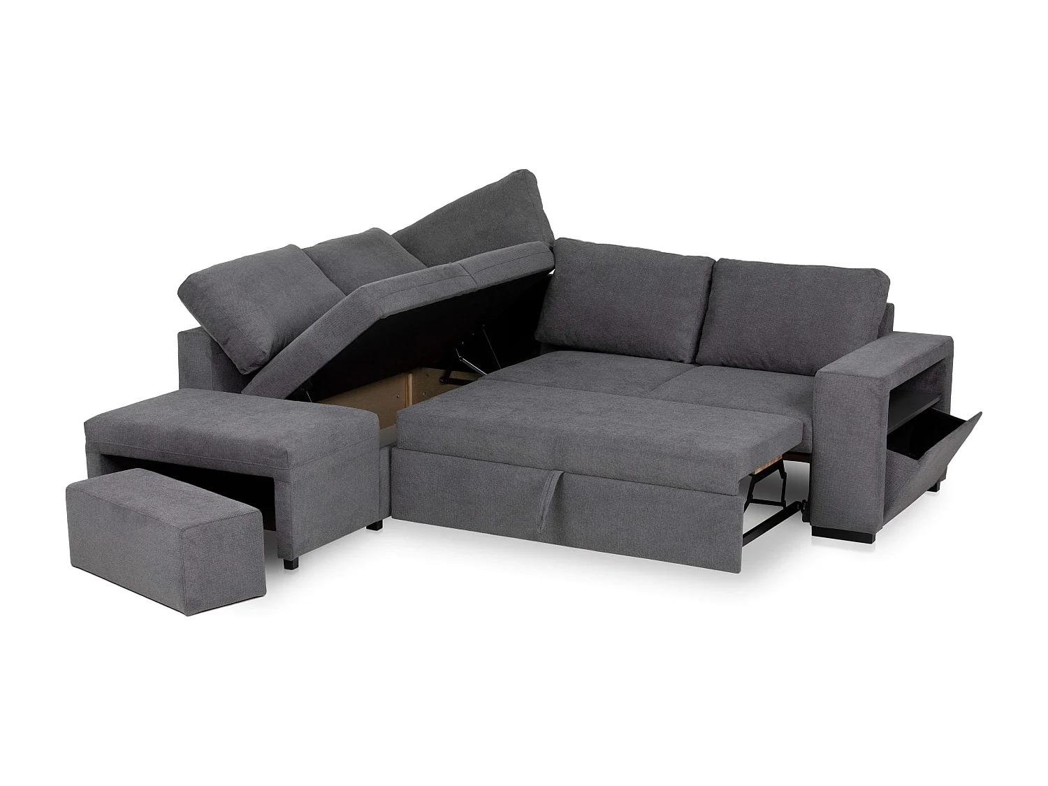 Sofá Cama Romeo Chaiselongue con Arcón, Puf y Estante Gris 249 cm