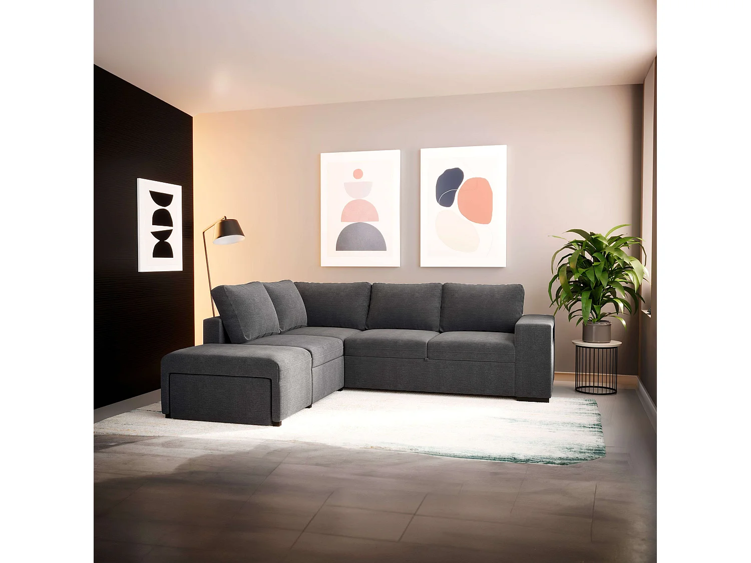 Sofá Cama Romeo Chaiselongue con Arcón, Puf y Estante Gris 249 cm