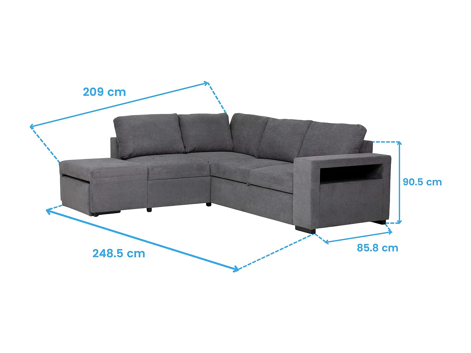 Sofá Cama Romeo Chaiselongue con Arcón, Puf y Estante Gris 249 cm