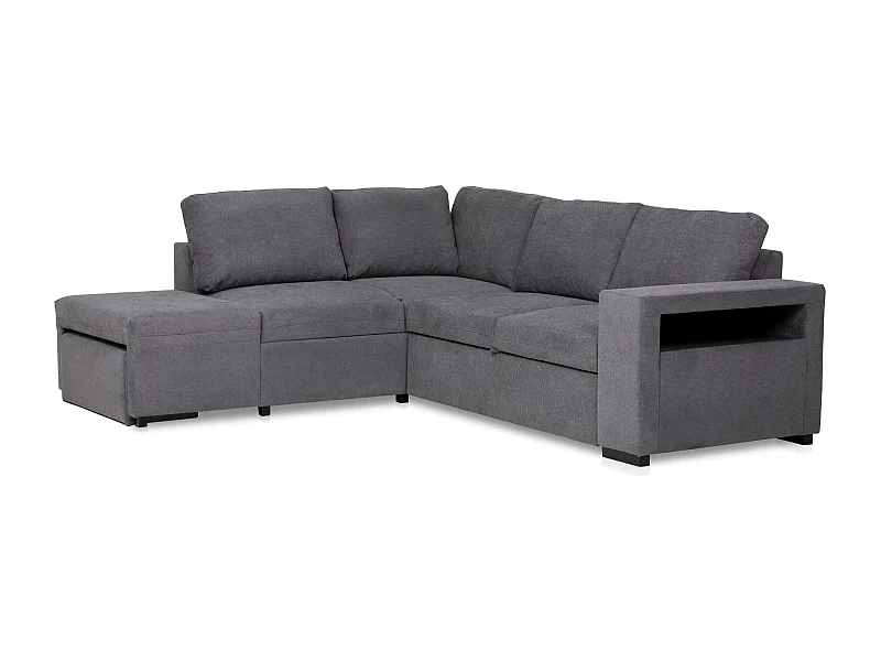 Sofá Cama Romeo Chaiselongue con Arcón, Puf y Estante Gris 249 cm