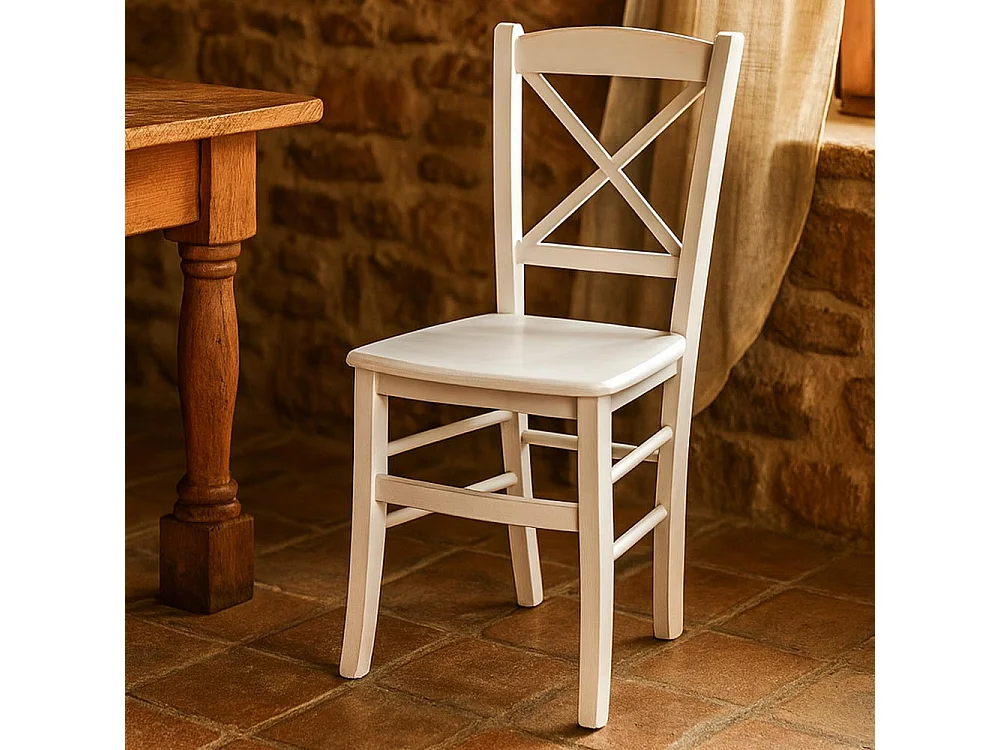 Chaise de salle à manger Venezia Cross en bois blanc vieilli avec finition cerisier