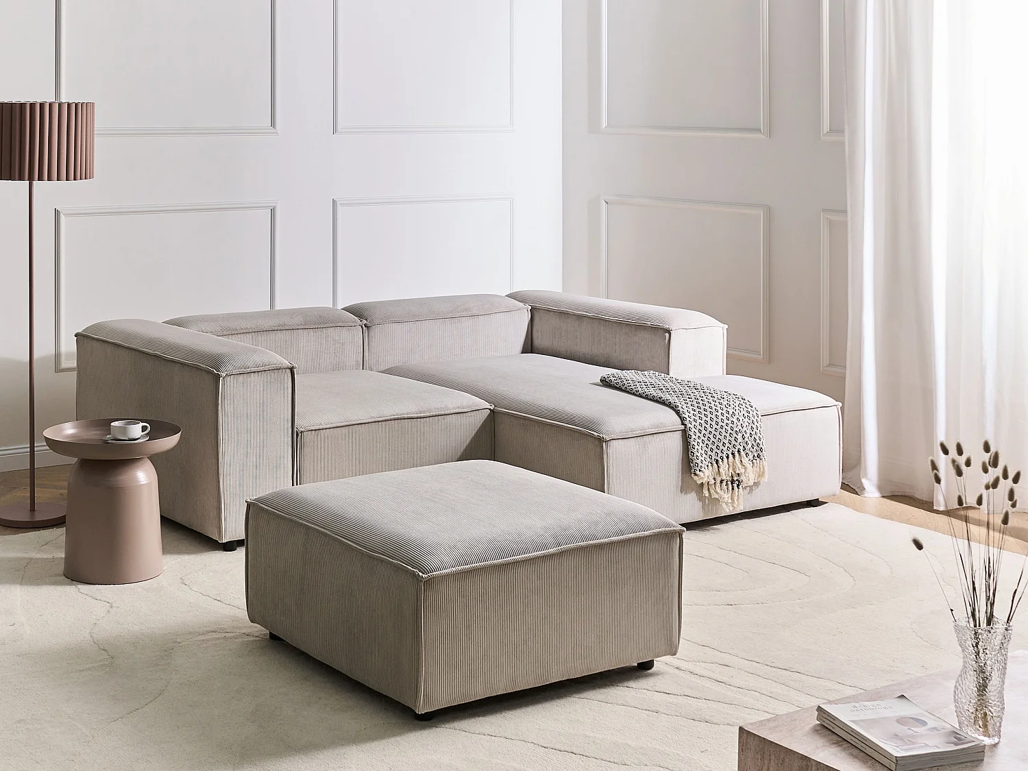 Canapé d'angle modulable 2 places ARDAL avec ottoman Velours côtelé Taupe Côté gauche