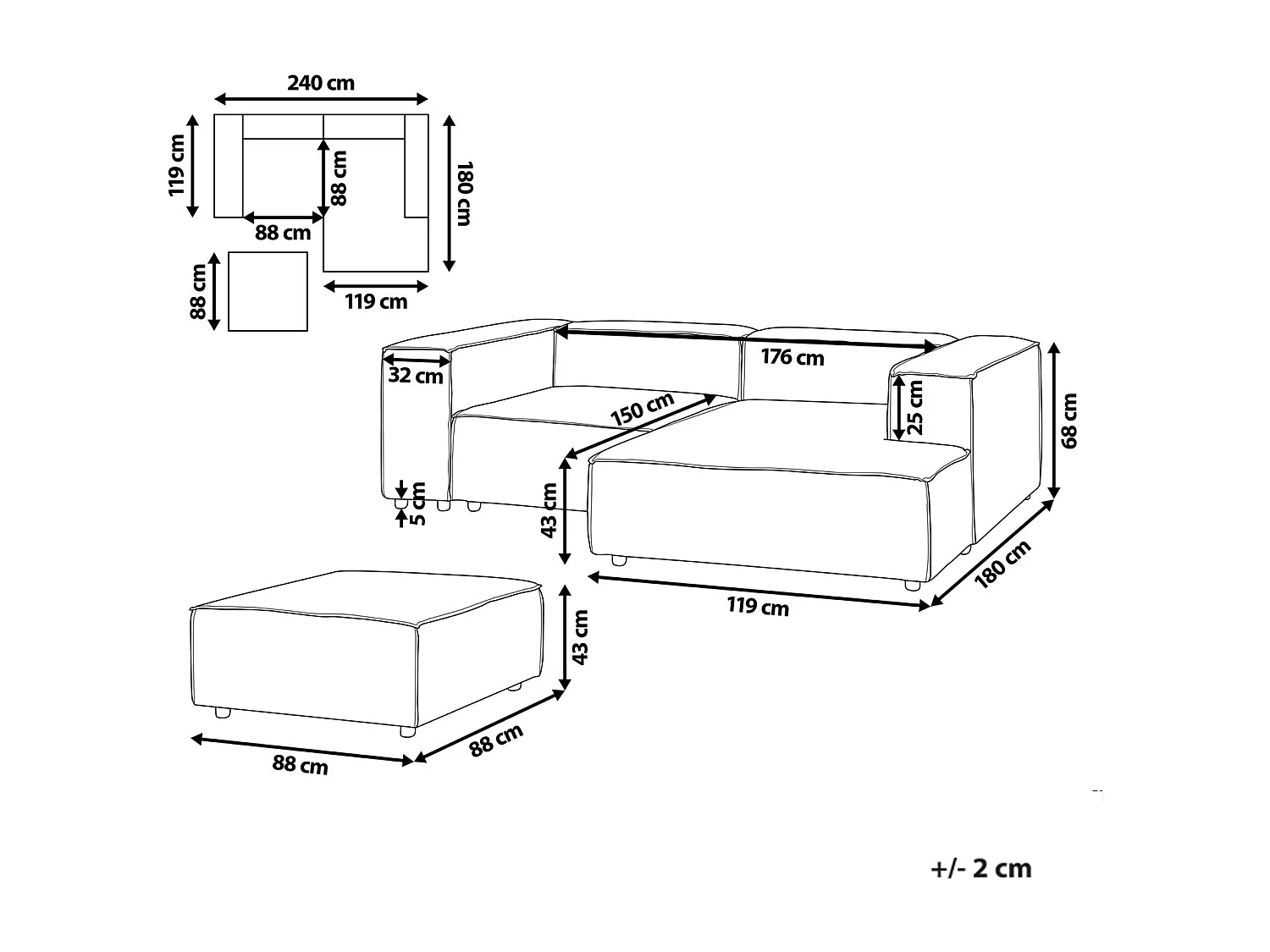 Canapé d'angle modulable 3 places ARDAL Velours côtelé Taupe avec ottoman Côté gauche