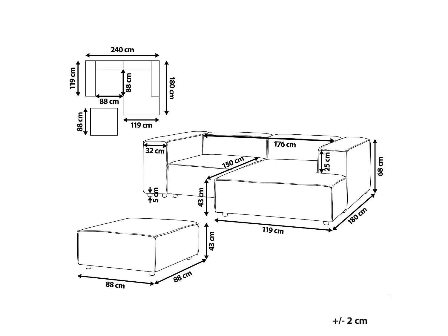 Canapé d'angle modulable 2 places ARDAL avec ottoman Velours côtelé Taupe Côté gauche