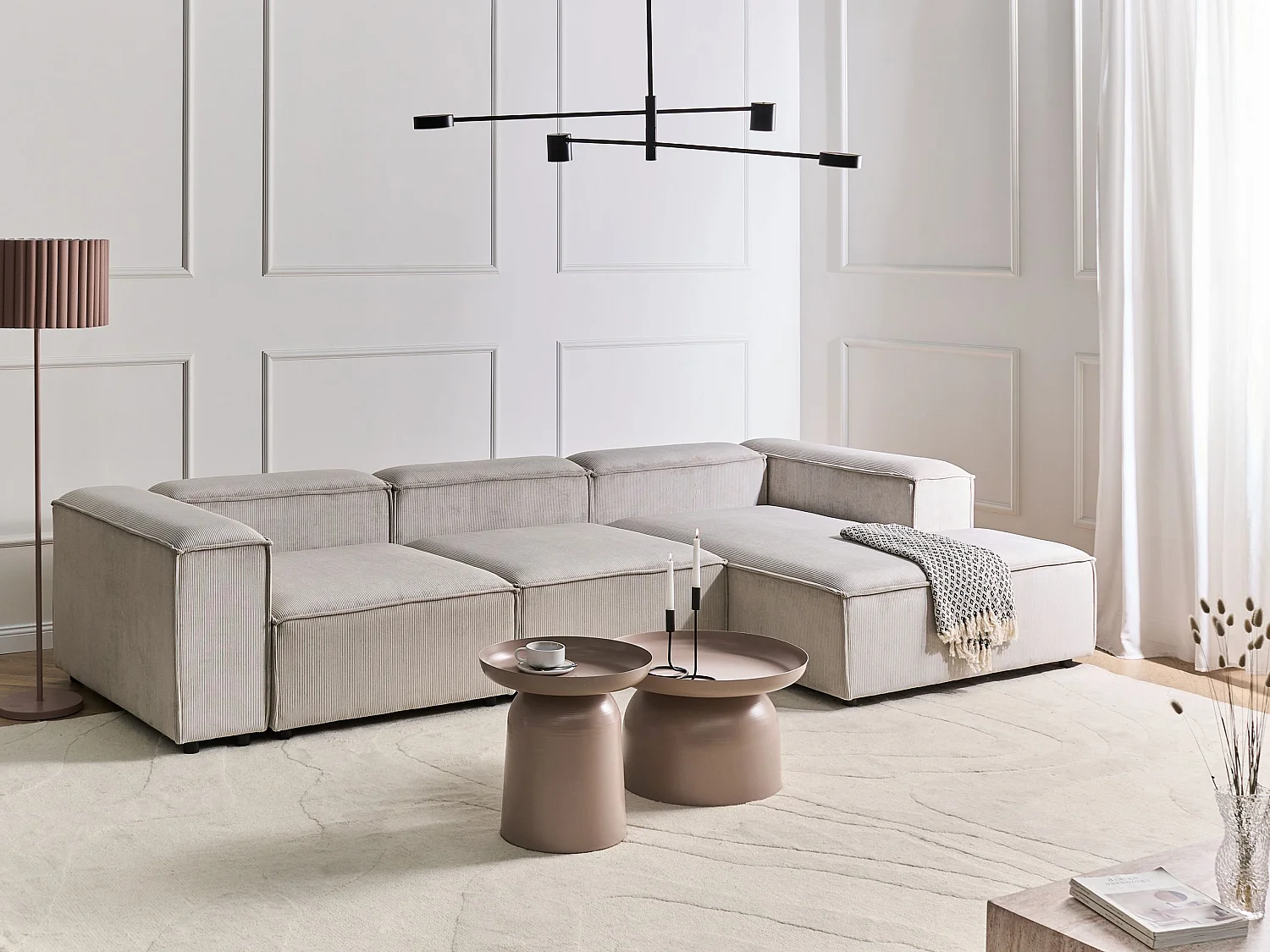 Canapé d'Angle à droite en Velours Côtelé Modulaire 4 Places Pieds Noirs Taupe Ardal