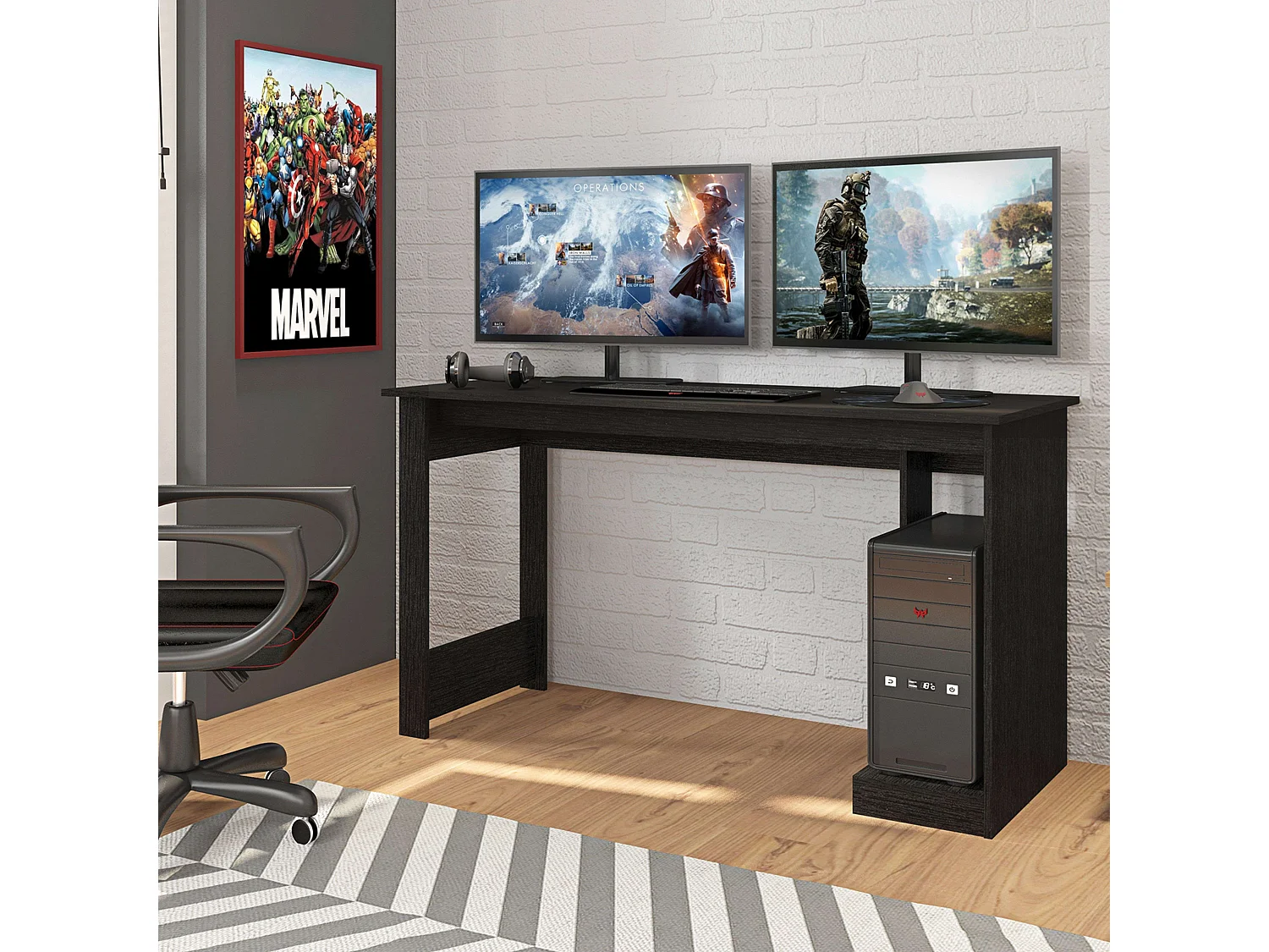 Bureau d'étude Nero noir pour gamer 136 cm
