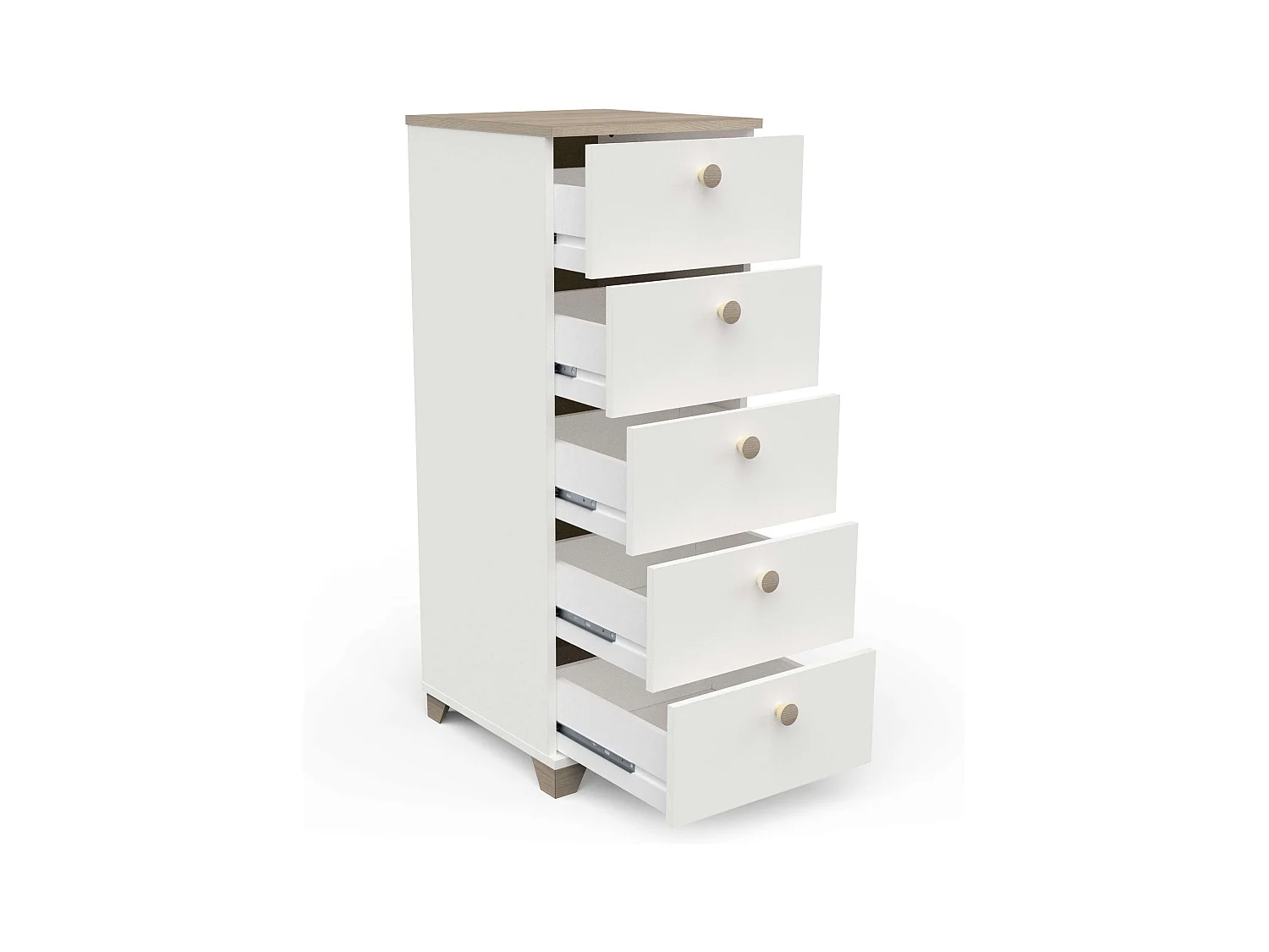 Commode 5 tiroirs Izzy, chêne Kronberg, blanc mat, 40 x 105 cm