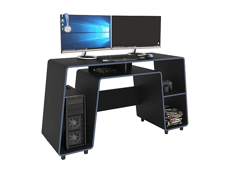Mesa Gamer London Negro y Azul Gran Espacio para Torre PC 150,5 cm