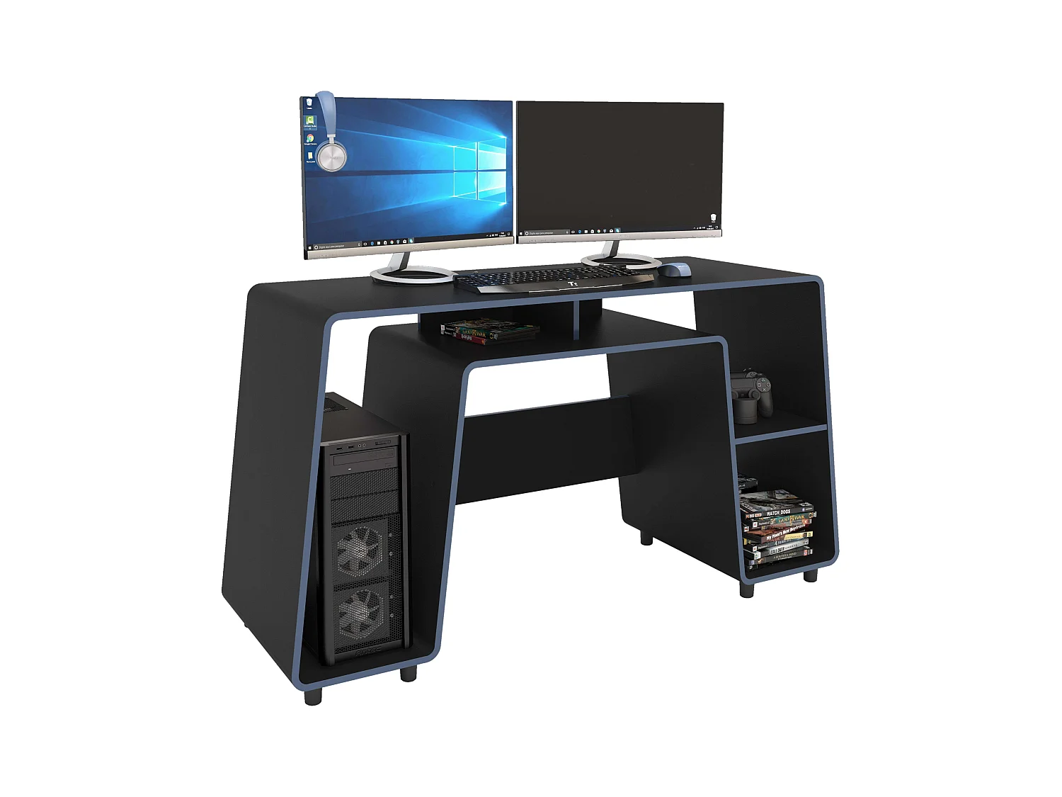 Table de jeu London noire et bleue, grand espace pour PC, tour de 150,5 cm