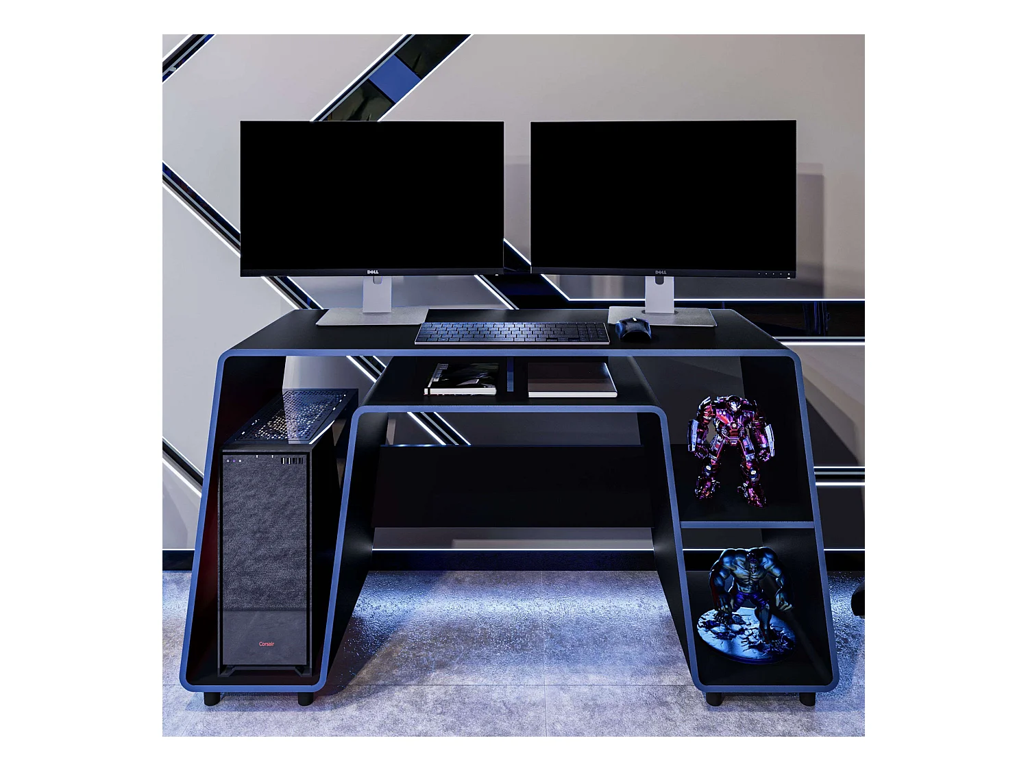 Table de jeu London noire et bleue, grand espace pour PC, tour de 150,5 cm