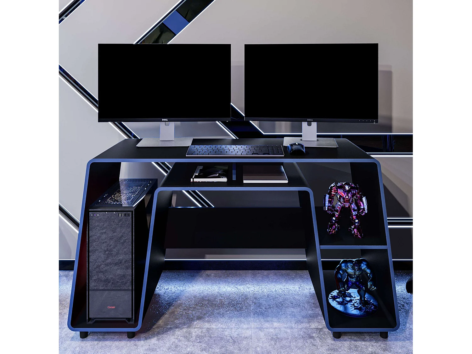 Mesa de jogos London preta e azul com espaço grande para torre de PC 150,5 cm