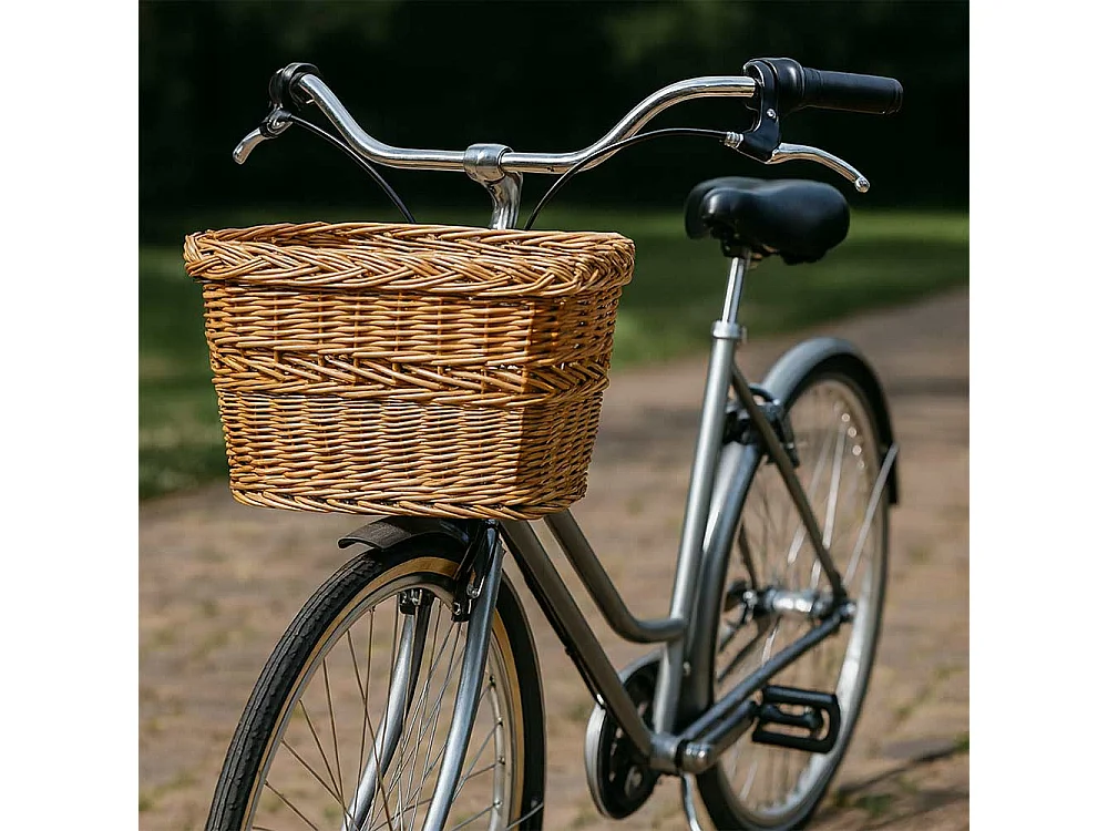 Panier à vélo rectangulaire en osier avec poignée tressée