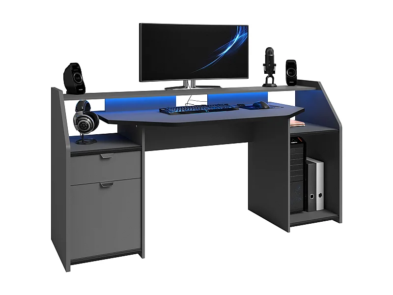 Grand bureau de jeu avec tiroir et armoire Gris LED 98 x 180 x 67 cm